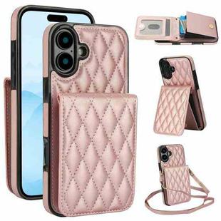 For iPhone 16 Plus YM015 Crossbody Rhombic Card Bag RFID Phone Case(Rose Gold)