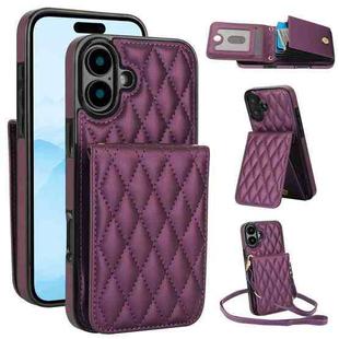 For iPhone 16 YM015 Crossbody Rhombic Card Bag RFID Phone Case(Dark Purple)