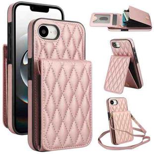 For iPhone 16e YM015 Crossbody Rhombic Card Bag RFID Phone Case(Rose Gold)