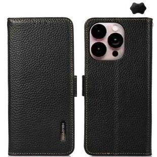 For iPhone 16 Pro Max KHAZNEH Side-Magnetic Litchi Genuine Leather RFID Case(Black)