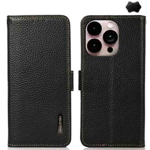 For iPhone 16 Pro KHAZNEH Side-Magnetic Litchi Genuine Leather RFID Case(Black)