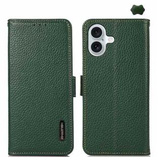 For iPhone 16 Plus KHAZNEH Side-Magnetic Litchi Genuine Leather RFID Case(Green)