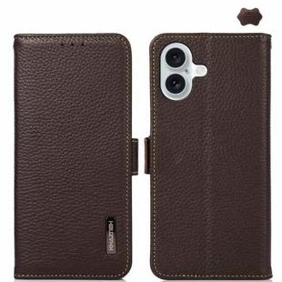 For iPhone 16 Plus KHAZNEH Side-Magnetic Litchi Genuine Leather RFID Case(Brown)