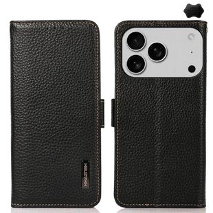 For iPhone 17 Pro KHAZNEH Side-Magnetic Litchi Genuine Leather RFID Case(Black)