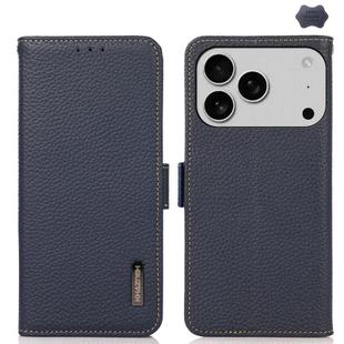 For iPhone 17 Pro KHAZNEH Side-Magnetic Litchi Genuine Leather RFID Case(Blue)