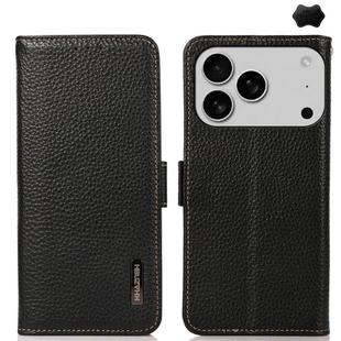 For iPhone 17 Pro Max KHAZNEH Side-Magnetic Litchi Genuine Leather RFID Case(Black)