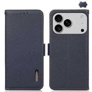 For iPhone 17 Pro Max KHAZNEH Side-Magnetic Litchi Genuine Leather RFID Case(Blue)