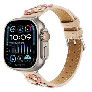 For Apple Watch Ultra 2 49mm Stitched Flower Leather Watch Band(Khaki)