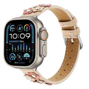 For Apple Watch Ultra 49mm Stitched Flower Leather Watch Band(Khaki)
