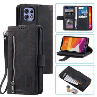 For Motorola Edge 50 Pro Nine Card Zipper Bag Leather Phone Case with Lanyard(Black)