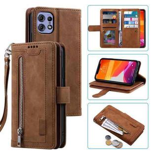 For Motorola Edge 50 Pro Nine Card Zipper Bag Leather Phone Case with Lanyard(Brown)