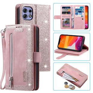 For Motorola Edge 50 Pro Nine Card Zipper Bag Leather Phone Case with Lanyard(Pink)