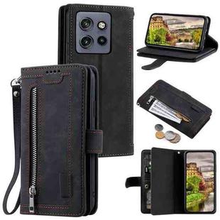 For Motorola Edge 50 Neo Nine Card Zipper Bag Leather Phone Case with Lanyard(Black)