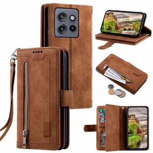 For Motorola Edge 50 Neo Nine Card Zipper Bag Leather Phone Case with Lanyard(Brown)