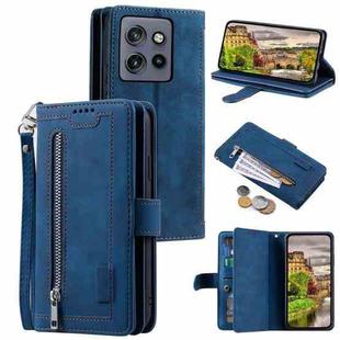 For Motorola Edge 50 Neo Nine Card Zipper Bag Leather Phone Case with Lanyard(Blue)