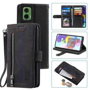 For Motorola Moto G35 Nine Card Zipper Bag Leather Phone Case with Lanyard(Black)