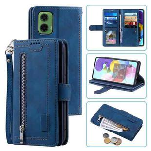 For Motorola Moto G35 Nine Card Zipper Bag Leather Phone Case with Lanyard(Blue)