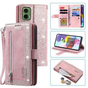 For Motorola Moto G35 Nine Card Zipper Bag Leather Phone Case with Lanyard(Pink)