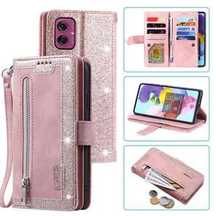 For Motorola Moto G55 Nine Card Zipper Bag Leather Phone Case with Lanyard(Pink)