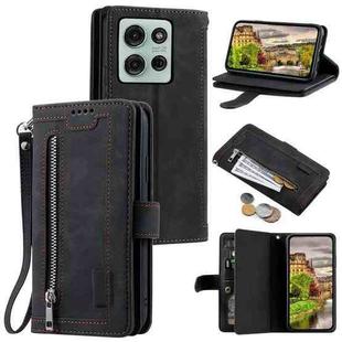 For Motorola Moto G75 5G Nine Card Zipper Bag Leather Phone Case with Lanyard(Black)