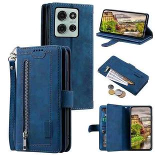 For Motorola Moto G75 5G Nine Card Zipper Bag Leather Phone Case with Lanyard(Blue)