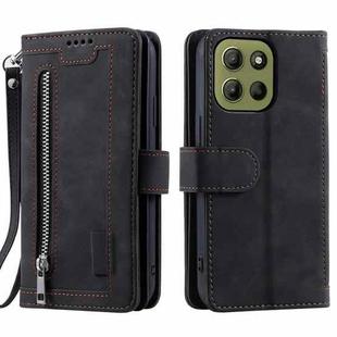 For Motorola Moto G15 Nine Card Zipper Bag Leather Phone Case with Lanyard(Black)