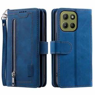 For Motorola Moto G15 Nine Card Zipper Bag Leather Phone Case with Lanyard(Blue)