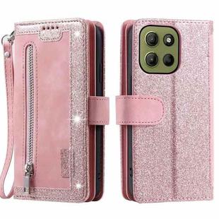 For Motorola Moto G15 Nine Card Zipper Bag Leather Phone Case with Lanyard(Pink)