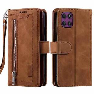For Motorola Edge 60 Pro Nine Card Zipper Bag Leather Phone Case with Lanyard(Brown)