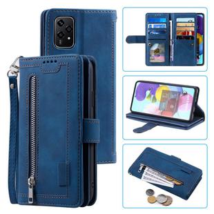 For Honor 200 Lite Nine Card Zipper Bag Leather Phone Case with Lanyard(Blue)