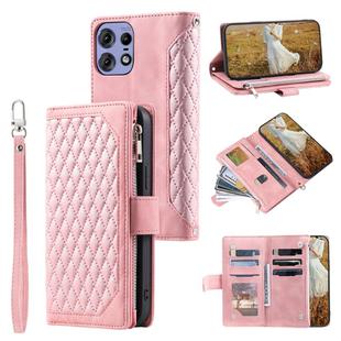 For Motorola Edge 50 Pro Grid Texture Zipper Leather Phone Case with Lanyard(Rose Gold)