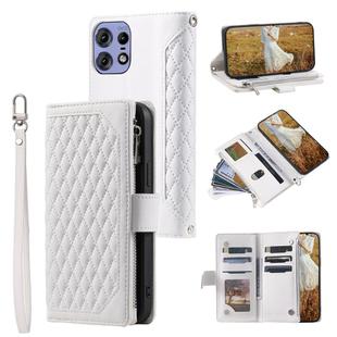 For Motorola Edge 50 Pro Grid Texture Zipper Leather Phone Case with Lanyard(White)