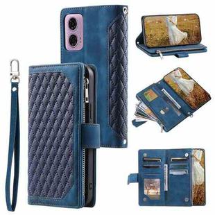 For Motorola Moto E14 Grid Texture Zipper Leather Phone Case with Lanyard(Blue)