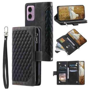 For Motorola Moto E14 Grid Texture Zipper Leather Phone Case with Lanyard(Black)