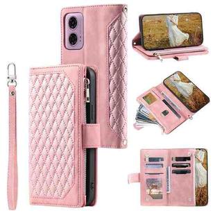 For Motorola Moto E14 Grid Texture Zipper Leather Phone Case with Lanyard(Rose Gold)
