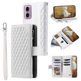 For Motorola Moto E14 Grid Texture Zipper Leather Phone Case with Lanyard(White)