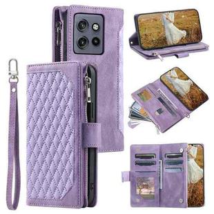 For Motorola Edge 50 Neo Grid Texture Zipper Leather Phone Case with Lanyard(Purple)