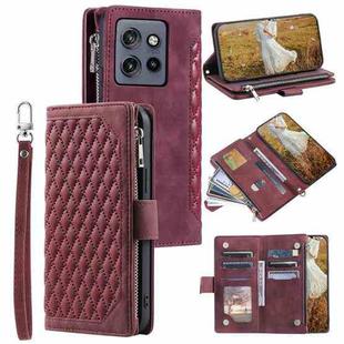 For Motorola Edge 50 Neo Grid Texture Zipper Leather Phone Case with Lanyard(Wine Red)