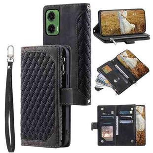 For Motorola Moto G35 Grid Texture Zipper Leather Phone Case with Lanyard(Black)