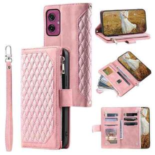 For Motorola Moto G55 Grid Texture Zipper Leather Phone Case with Lanyard(Rose Gold)