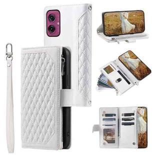 For Motorola Moto G55 Grid Texture Zipper Leather Phone Case with Lanyard(White)