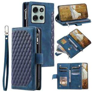 For Motorola Moto G75 5G Grid Texture Zipper Leather Phone Case with Lanyard(Blue)