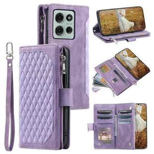 For Motorola Moto G75 5G Grid Texture Zipper Leather Phone Case with Lanyard(Purple)