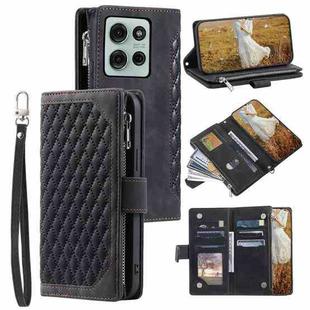 For Motorola Moto G75 5G Grid Texture Zipper Leather Phone Case with Lanyard(Black)