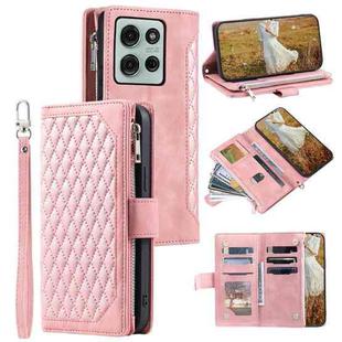 For Motorola Moto G75 5G Grid Texture Zipper Leather Phone Case with Lanyard(Rose Gold)