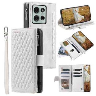 For Motorola Moto G75 5G Grid Texture Zipper Leather Phone Case with Lanyard(White)