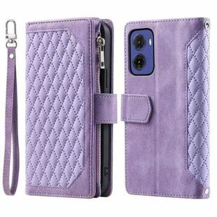 For Motorola Moto G05 Grid Texture Zipper Leather Phone Case with Lanyard(Purple)