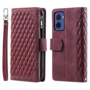 For Motorola Moto G05 Grid Texture Zipper Leather Phone Case with Lanyard(Wine Red)