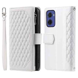 For Motorola Moto G05 Grid Texture Zipper Leather Phone Case with Lanyard(White)