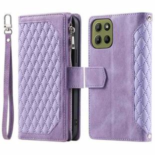 For Motorola Moto G15 Grid Texture Zipper Leather Phone Case with Lanyard(Purple)